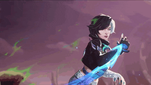 a cartoon drawing of a woman with a blue sword