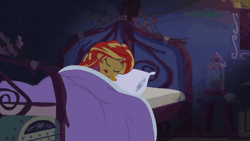 sunset shimmer from my little pony is sleeping in a bed with a purple blanket