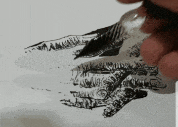 a black and white drawing of a hand with a fork in it