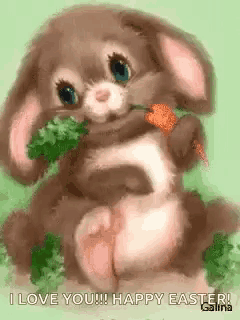 a bunny rabbit is eating a carrot and holding a green leaf .