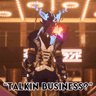 a video game character says " talkin business " in front of a building