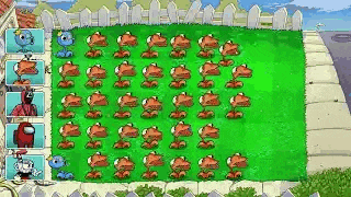 a screenshot of a video game called plants vs zombies with a bunch of plants and among us characters .