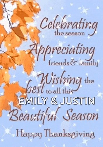a greeting card that says celebrating the season appreciating friends and family wishing the best to all this emily & justin beautiful season