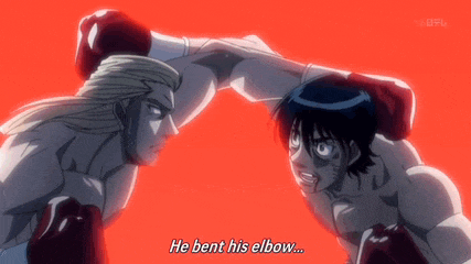 a boxing match between two men with the words he bent his elbow