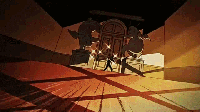 a cartoon drawing of a man standing in front of a large door