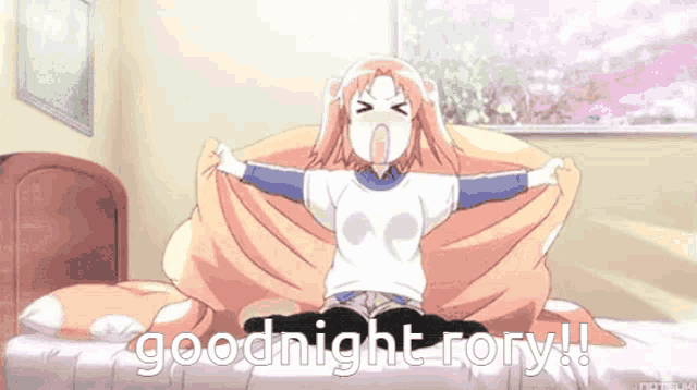 a girl in a white shirt is sitting on a bed with the words goodnight rony written on the bottom