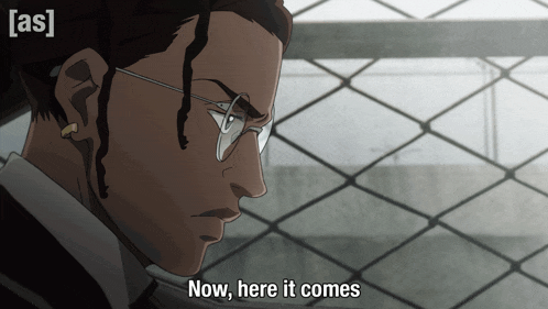 a cartoon of a man with glasses says now here it comes