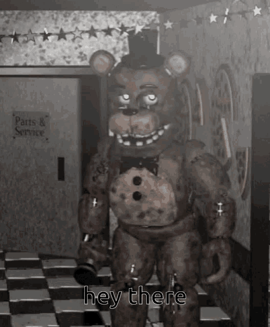 a teddy bear is standing in front of a sign that says parts and service
