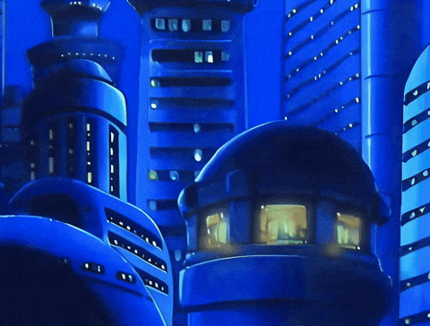 a painting of a futuristic city with blue buildings and a dome in the middle