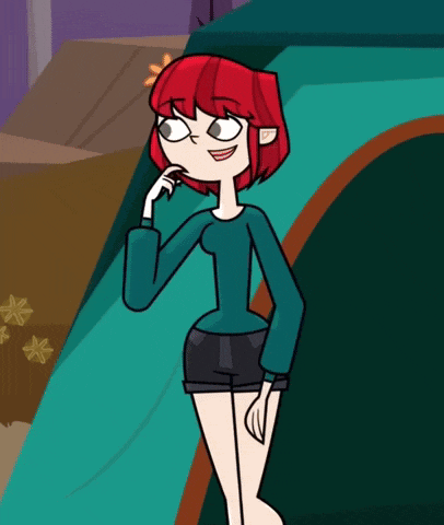 a girl with red hair is standing in front of a tent and pointing