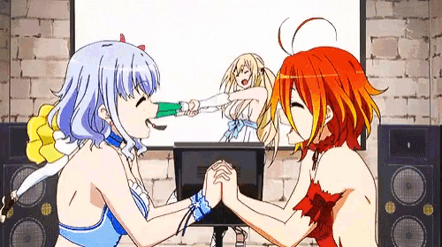 two anime girls are arm wrestling in front of speakers