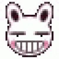 a pixel art drawing of a rabbit 's face with a slight smile .