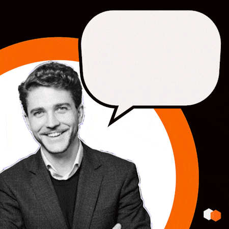 a man in a suit with a speech bubble behind him