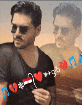 a man wearing sunglasses and a black shirt with hearts and music notes