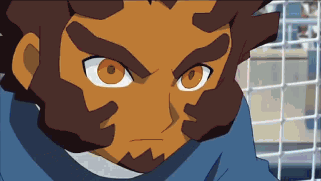 a close up of a cartoon character with a blue shirt and a beard