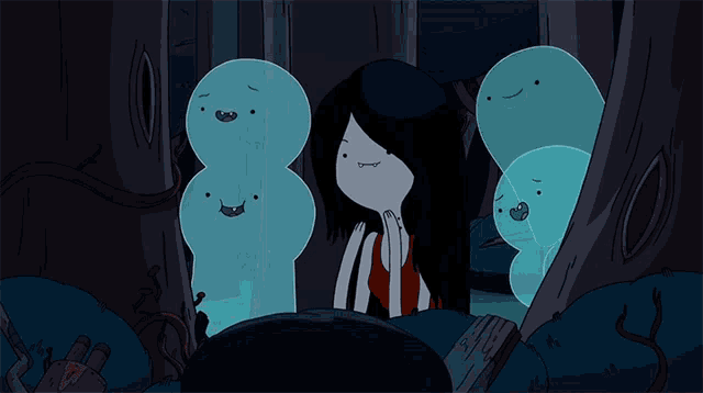 a cartoon of a girl surrounded by ghosts with their mouths open