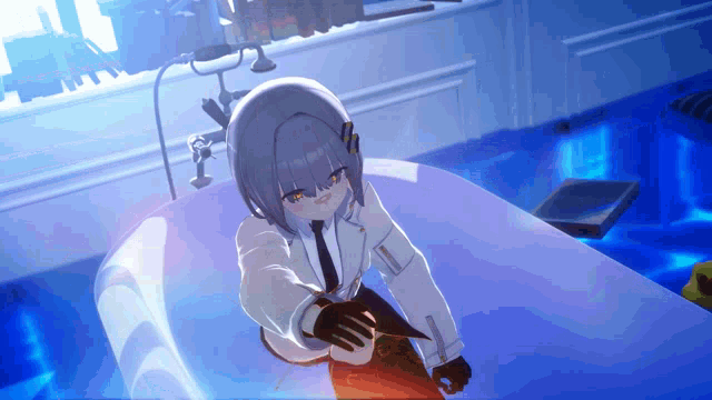 a cartoon character is sitting in a bathtub holding a sword