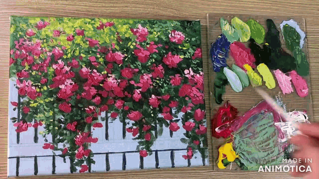 a painting of pink flowers on a white fence is made in animatica