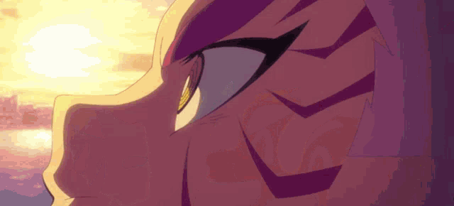 a close up of a person 's face with a purple and white stripe on it