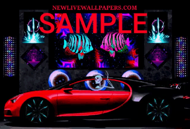 a red car is sitting in front of a wall that says " sample " on it