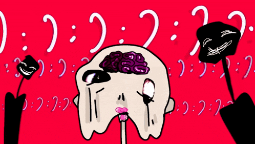 a drawing of a person 's head with a brain and a question mark in the background