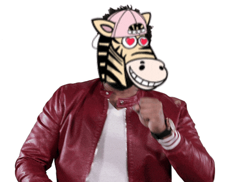 a man wearing a red jacket has a zebra mask on his face