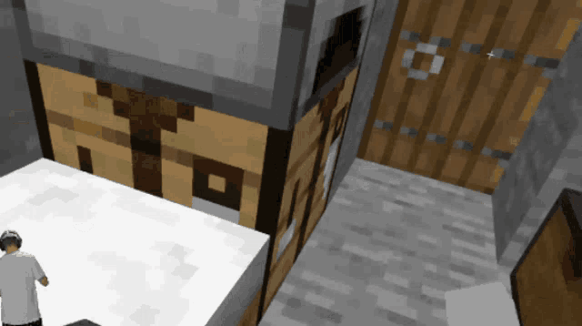 a man in a white shirt stands in front of a wooden door in a video game