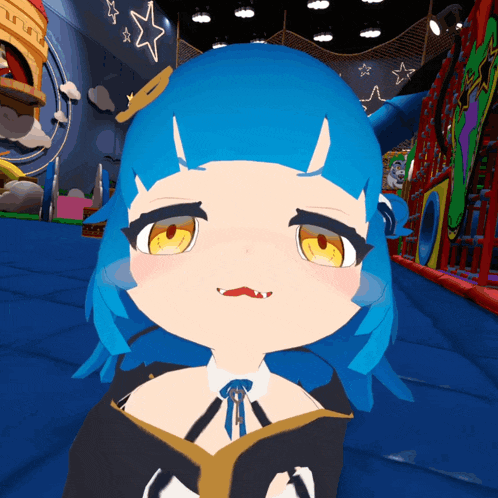 a cartoon character with blue hair and yellow eyes making a face