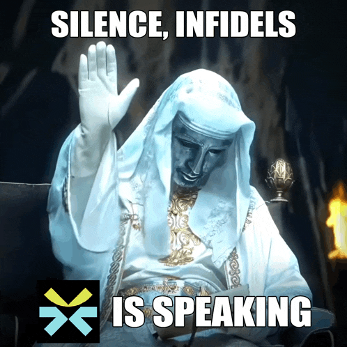 a statue of a man with his hand up and the words silence infidels is speaking behind him