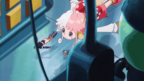 a cartoon character with pink hair and white wings is laying on the ground