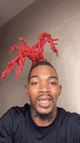 a man with dreadlocks and a beard is wearing a black shirt and a red wig on his head .