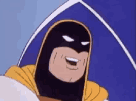 a close up of a cartoon character wearing a black mask and a yellow cape