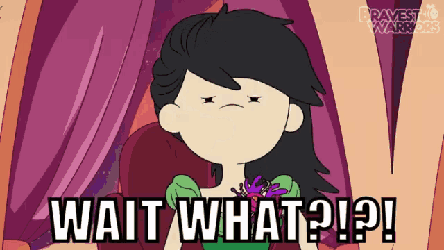 a cartoon character says wait what on a purple background
