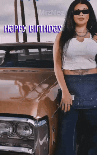 a woman is standing in front of a car with the words happy birthday on the bottom