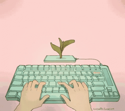 an illustration of a person typing on a keyboard with a flower growing out of it