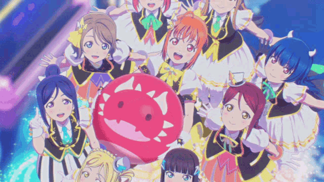 a group of anime girls are standing around a red ball with a face on it