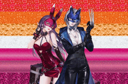 a couple of anime characters standing next to each other with one wearing a bunny mask