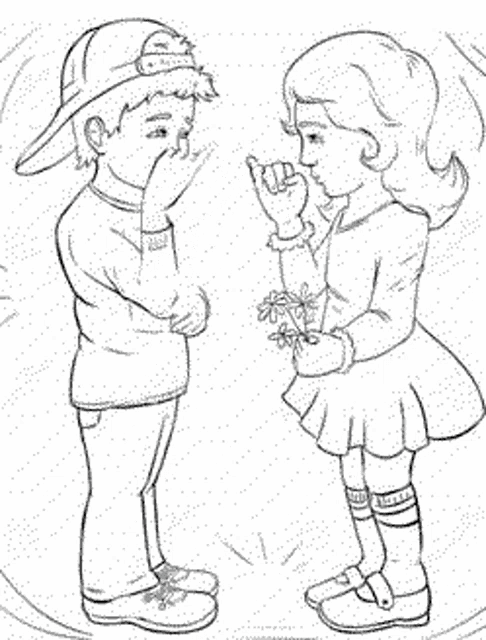 a boy and a girl are standing next to each other . the girl is holding a bouquet of flowers .