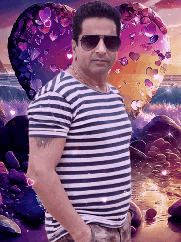 a man wearing sunglasses and a striped shirt is standing in front of a heart shaped balloon