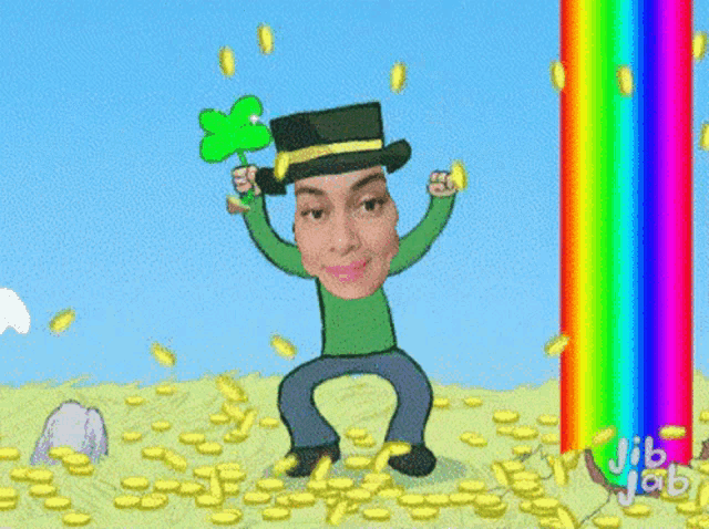 a cartoon of a leprechaun holding a shamrock and a rainbow in the background