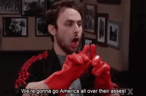 a man is wearing red rubber gloves and saying `` we 're gonna go america all over their asses '' .