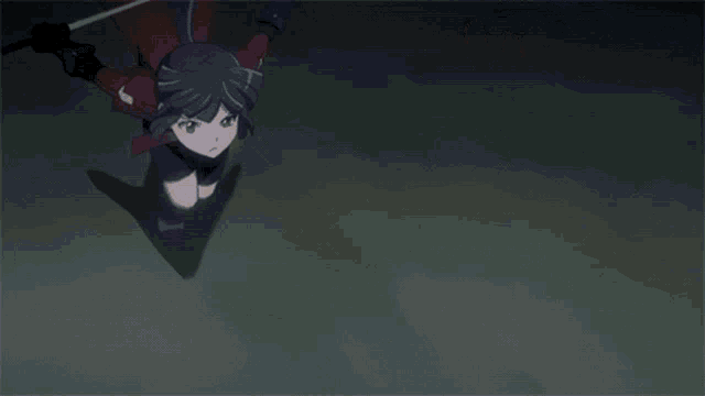 a girl in a red top is holding a sword