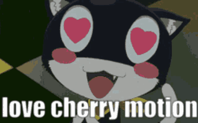 a cartoon cat with hearts in its eyes and the words love cherry motion below it