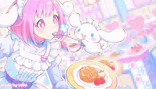 a cartoon of a girl holding a plate of food with a bunny behind her
