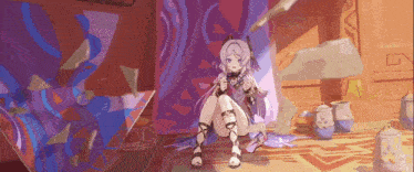 a girl with purple hair is sitting on the floor in a room with a purple wall .