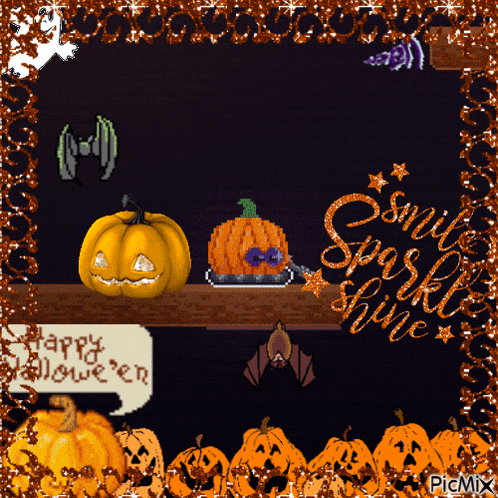 a picture of pumpkins with a speech bubble that says " happy halloween " on it