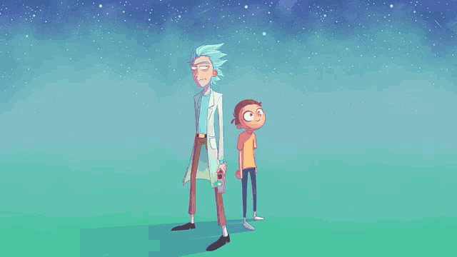 rick and morty standing next to each other in a field