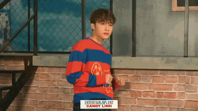 a young man wearing a red and blue striped sweater stands in front of a brick wall and stairs