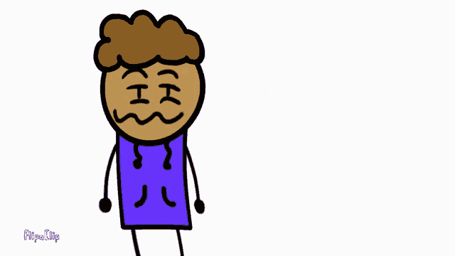 a cartoon character with a purple shirt has the word flips on the bottom left