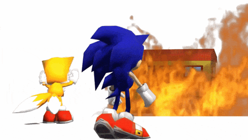 sonic the hedgehog and tails the hedgehog are standing in front of a burning building